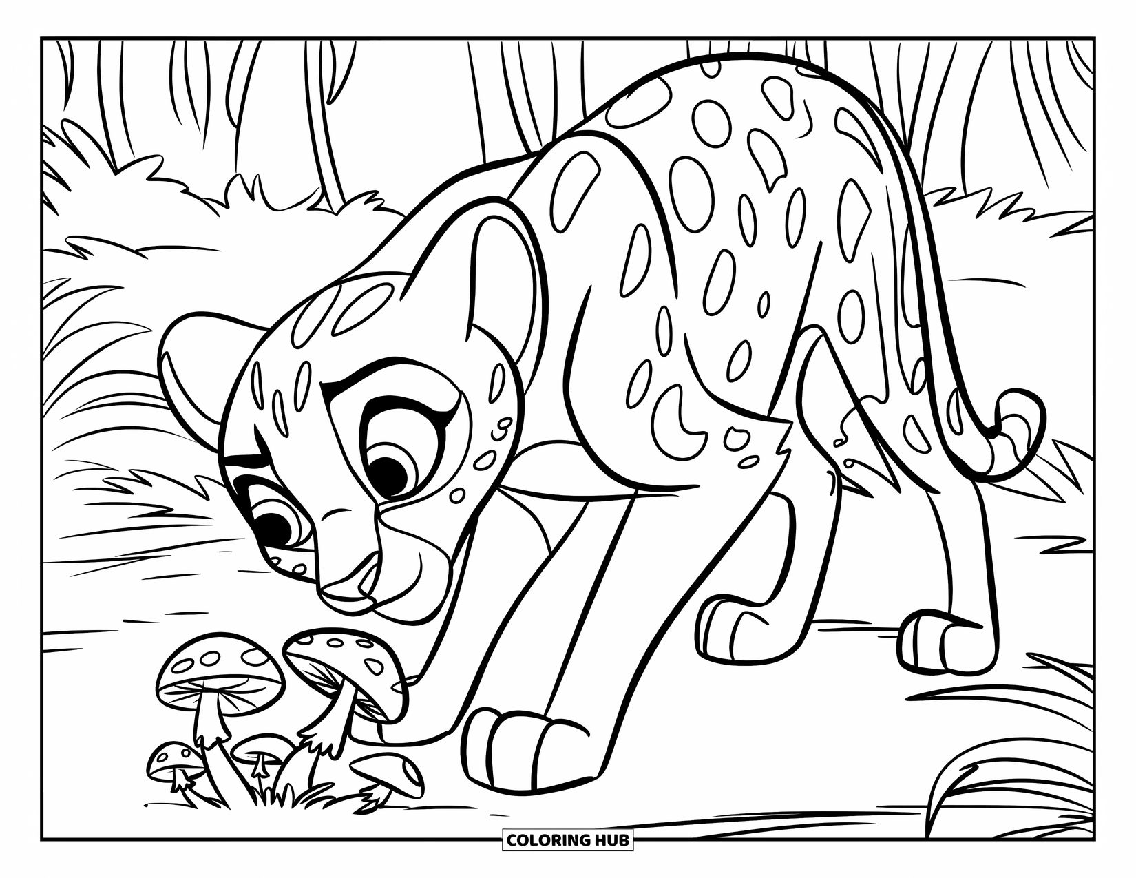 Cheetah Coloring Page for Kids: A curious cheetah sniffs mushrooms arranged in a circle deep in the forest