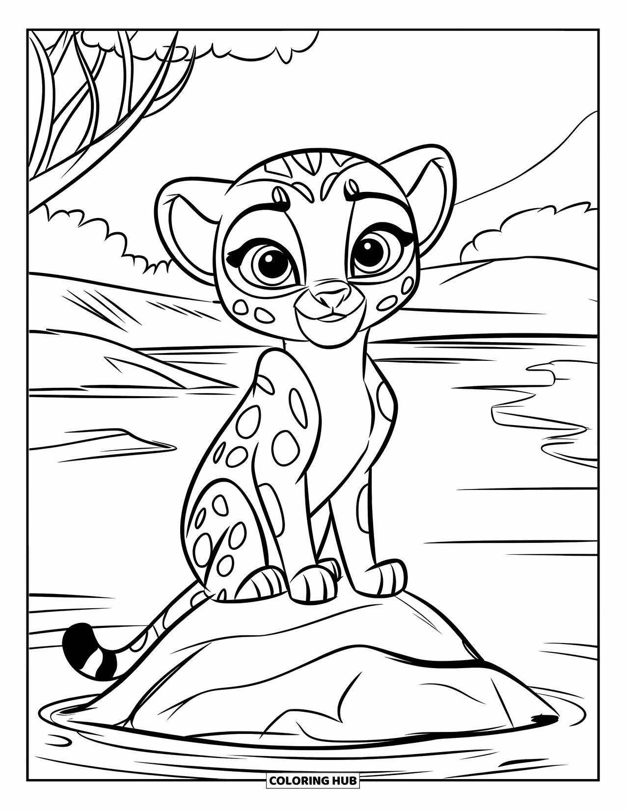 Cheetah Coloring Page for Kids: A curious cub sits on a rock in water, surrounded by trees and distant mountains