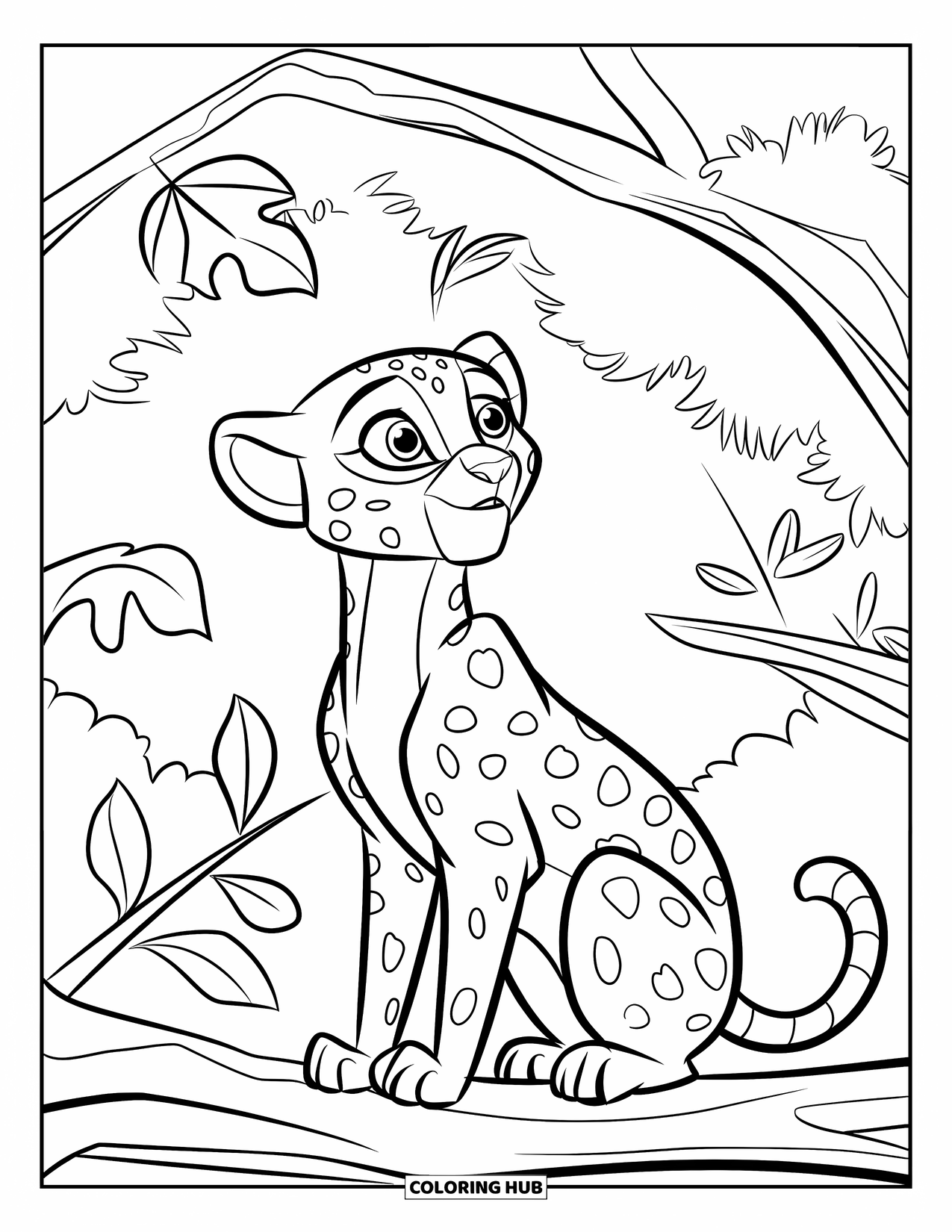Cheetah Coloring Page for Kids: A cute cheetah looks up from a branch at a leaf falling through the forest