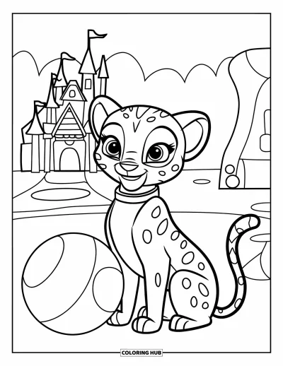 Coloriage Guépard pour enfants : Un mignon guépard est assis près d’un ballon dans une aire de jeu amusante avec un château derrière
