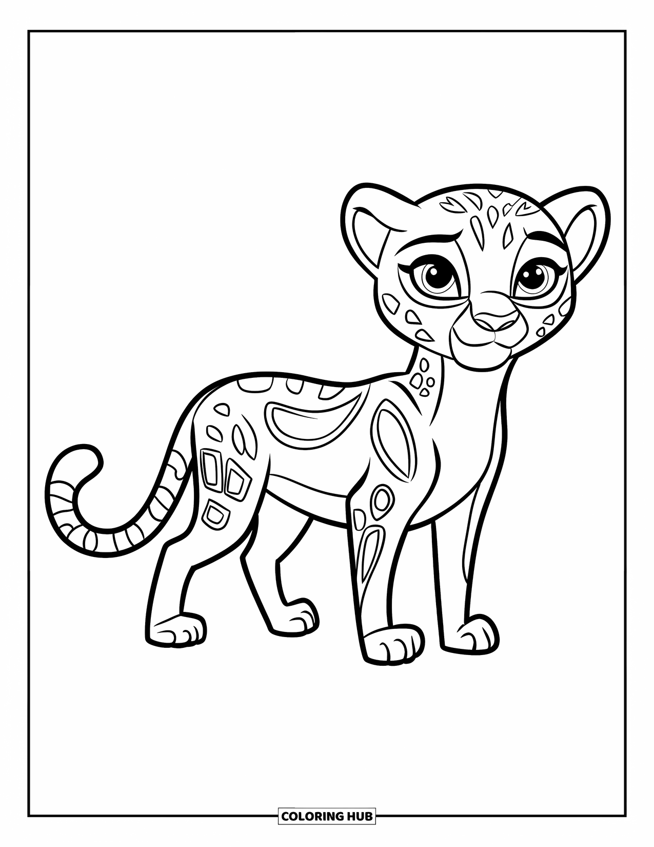 Cheetah Coloring Page for Kids: A cute cheetah stands with a curled tail