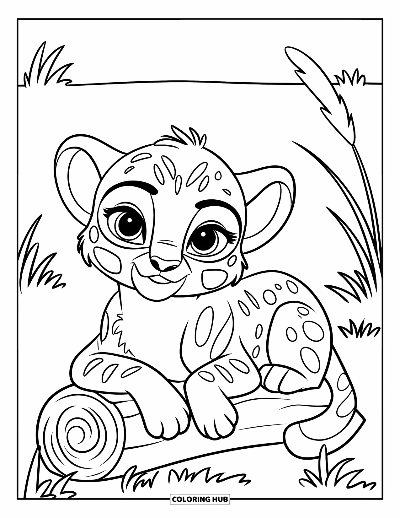 Cheetah Coloring Page for Kids: A fluffy cub rests on a log surrounded by tall grasses in a quiet savanna
