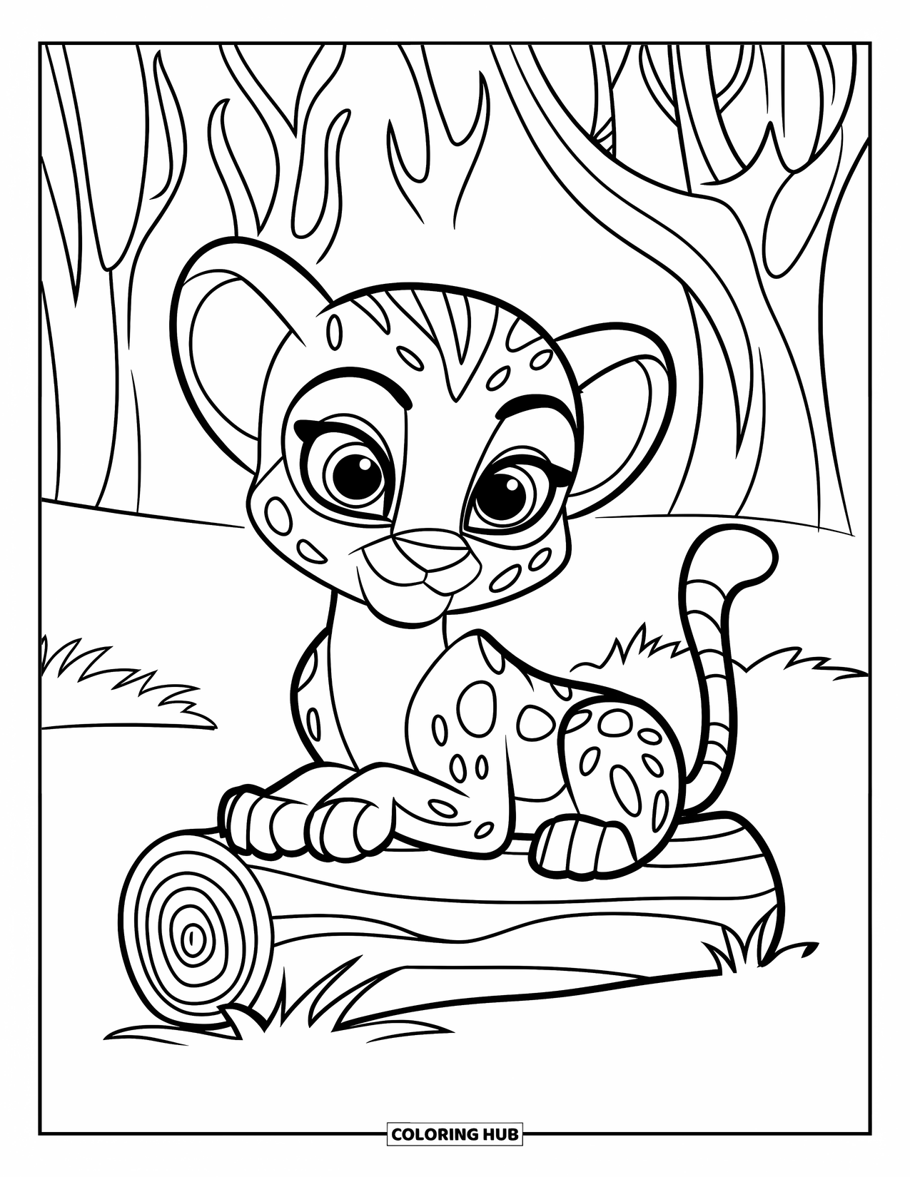 Cheetah Coloring Page for Kids: A fluffy cub with big eyes rests on a log in a forest full of patterned trees