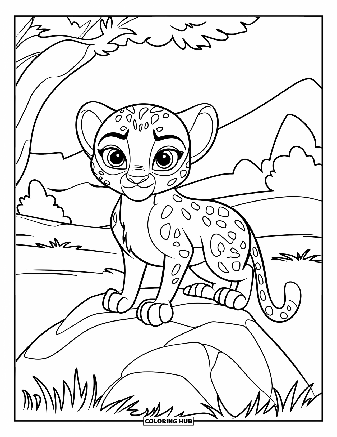 Cheetah Coloring Page for Kids: A fluffy cub with big eyes sits on a rock in grassy land with trees and hills