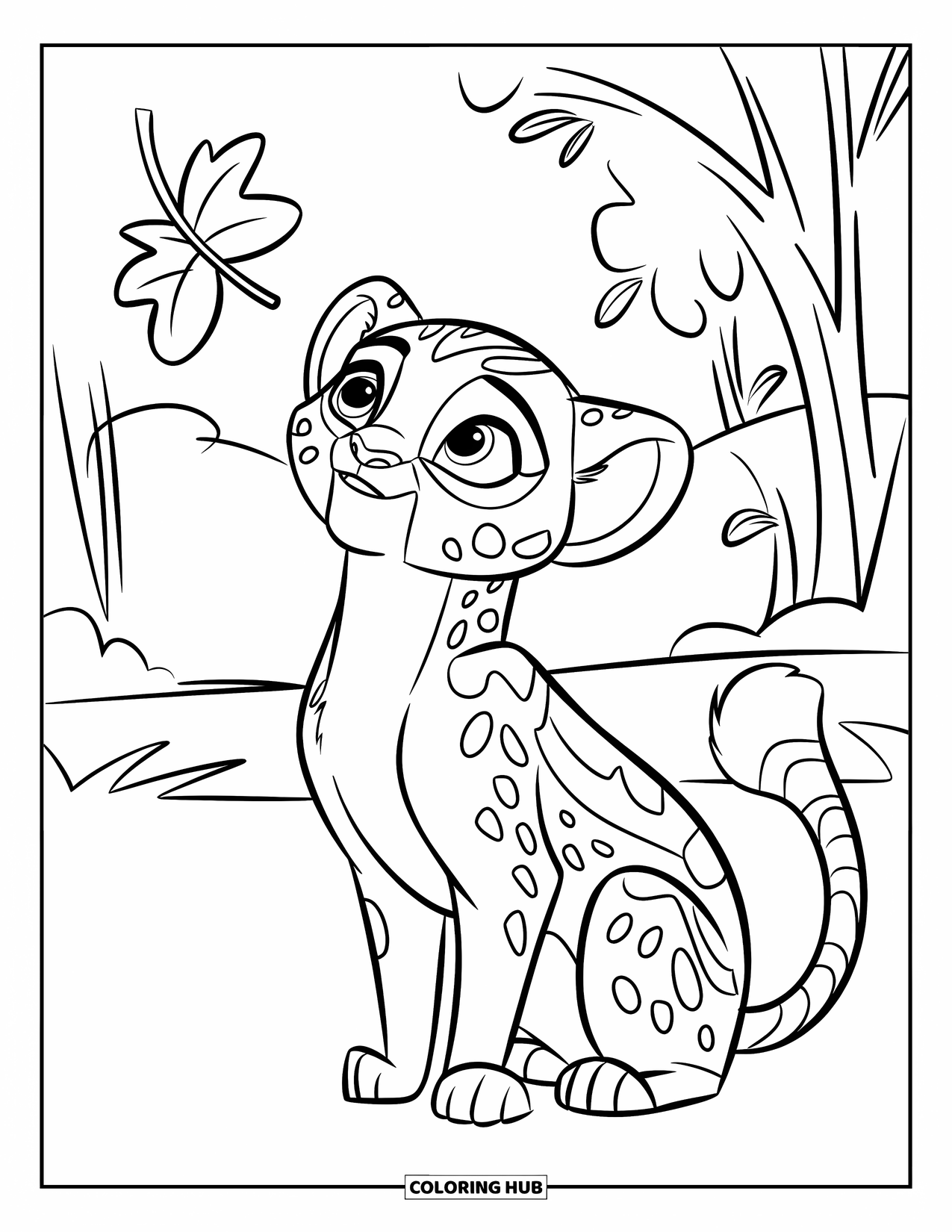 Cheetah Coloring Page for Kids: A fluffy-tailed cub sits in a field watching a leaf float from leafy trees