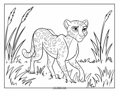Coloriage Guépard pour enfants : Un guépard concentré marche dans de hautes herbes, entouré de plantes de la savane doucement esquissées
