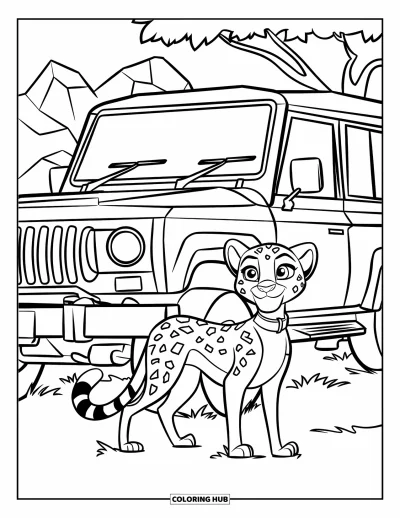 Coloriage Guépard pour enfants : Un guépard amical repose ses pattes sur un pneu de jeep avec des arbres et des rochers autour
