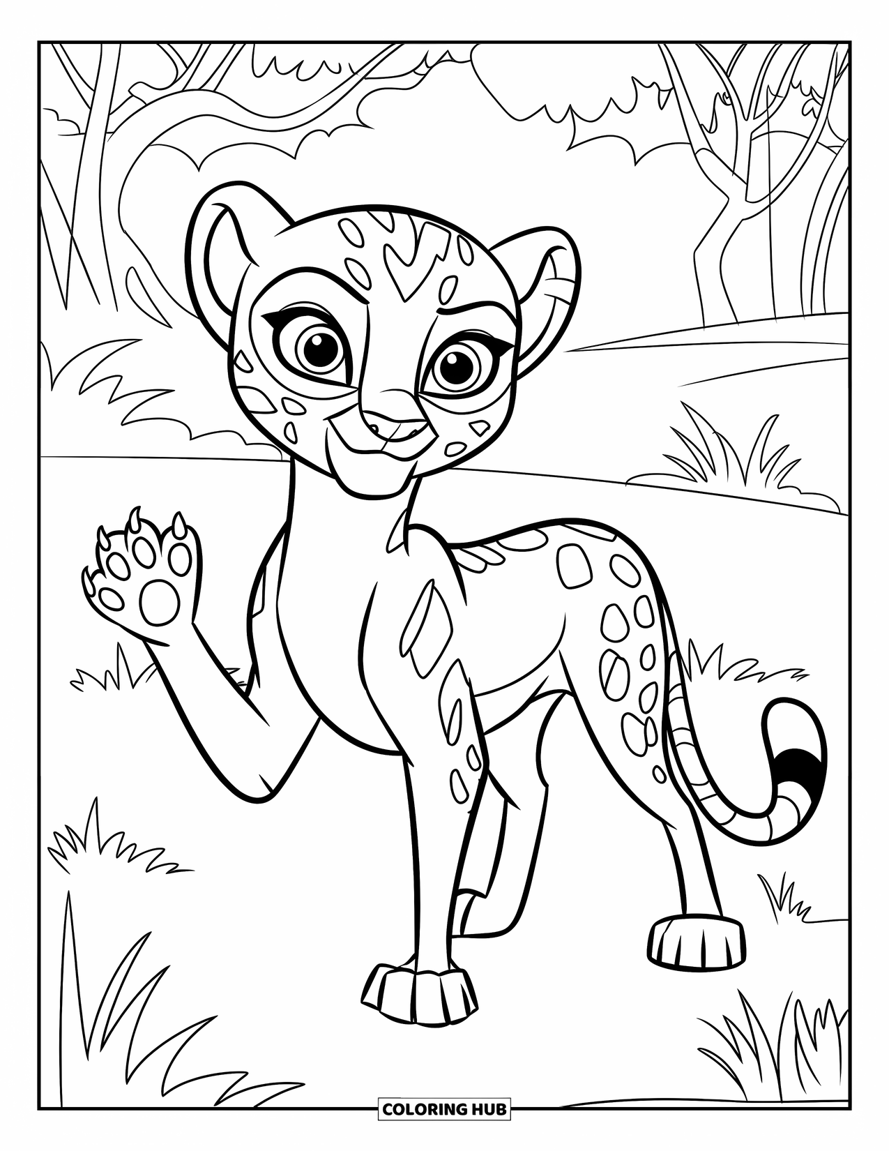 Cheetah Coloring Page for Kids: A friendly cheetah waves from a field surrounded by a few trees