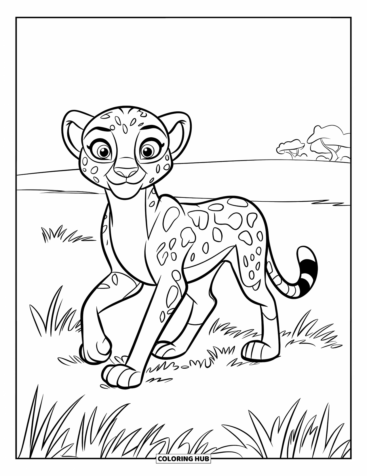 Cheetah Coloring Page for Kids: A friendly cheetah with a collar walks across a wide field of short grass