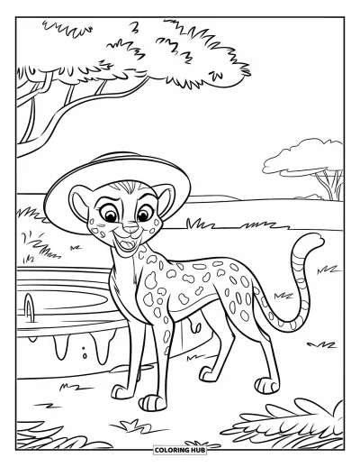Coloriage Guépard pour enfants : Un guépard souriant portant un chapeau de paille se tient près d’un arbre près d’un point d’eau de la savane