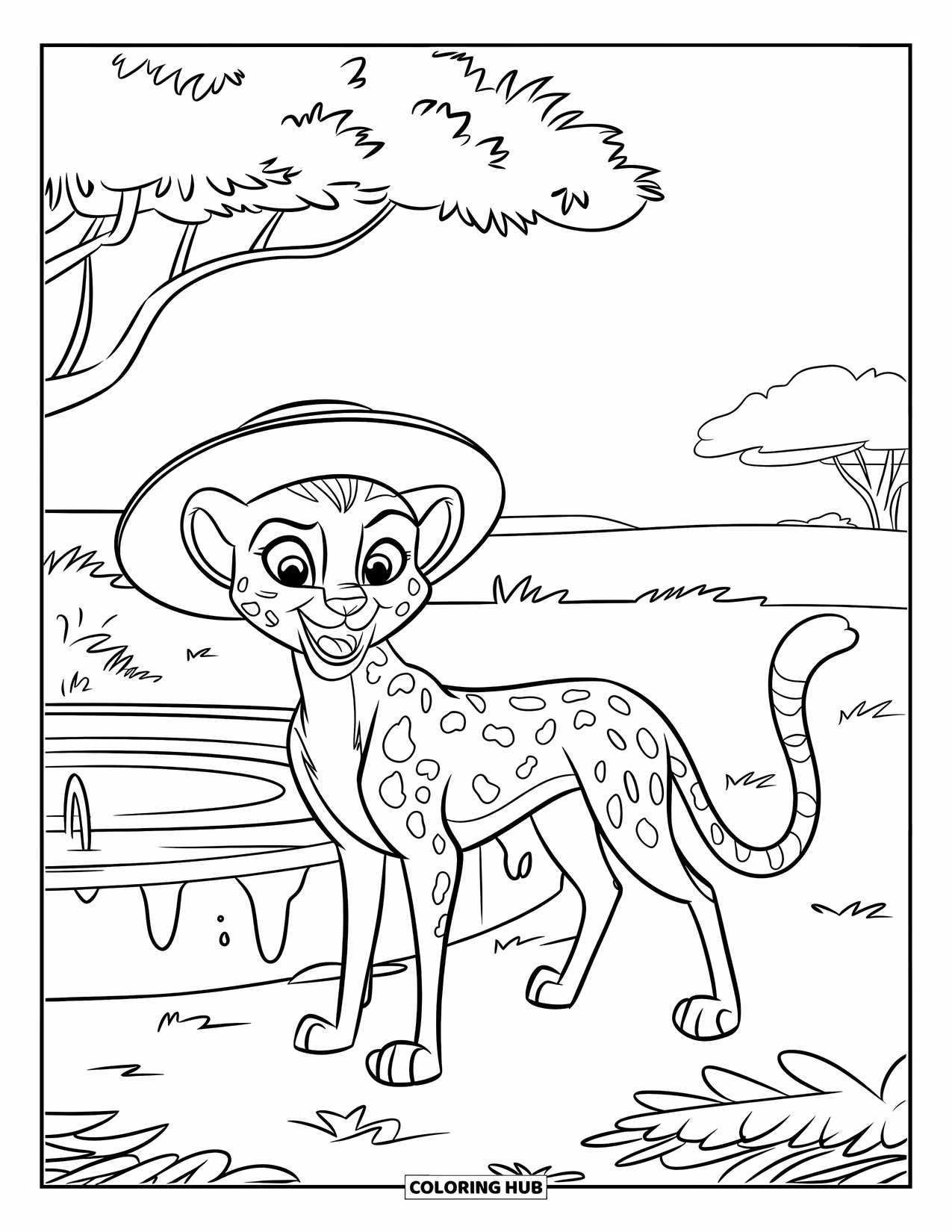 Cheetah Coloring Page for Kids: A grinning cheetah in a straw hat stands by a tree near a savanna watering hole