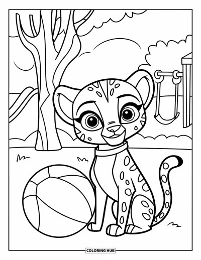 Coloriage Guépard pour enfants : Un guépard heureux est assis à côté d’un ballon près d’un arbre et de quelques structures de jeu