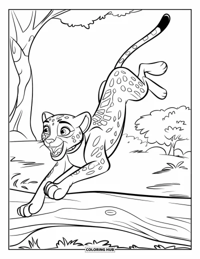 Coloriage Guépard pour enfants : Un guépard bondissant avec un collier s’élève au-dessus d’une bûche dans une forêt dense