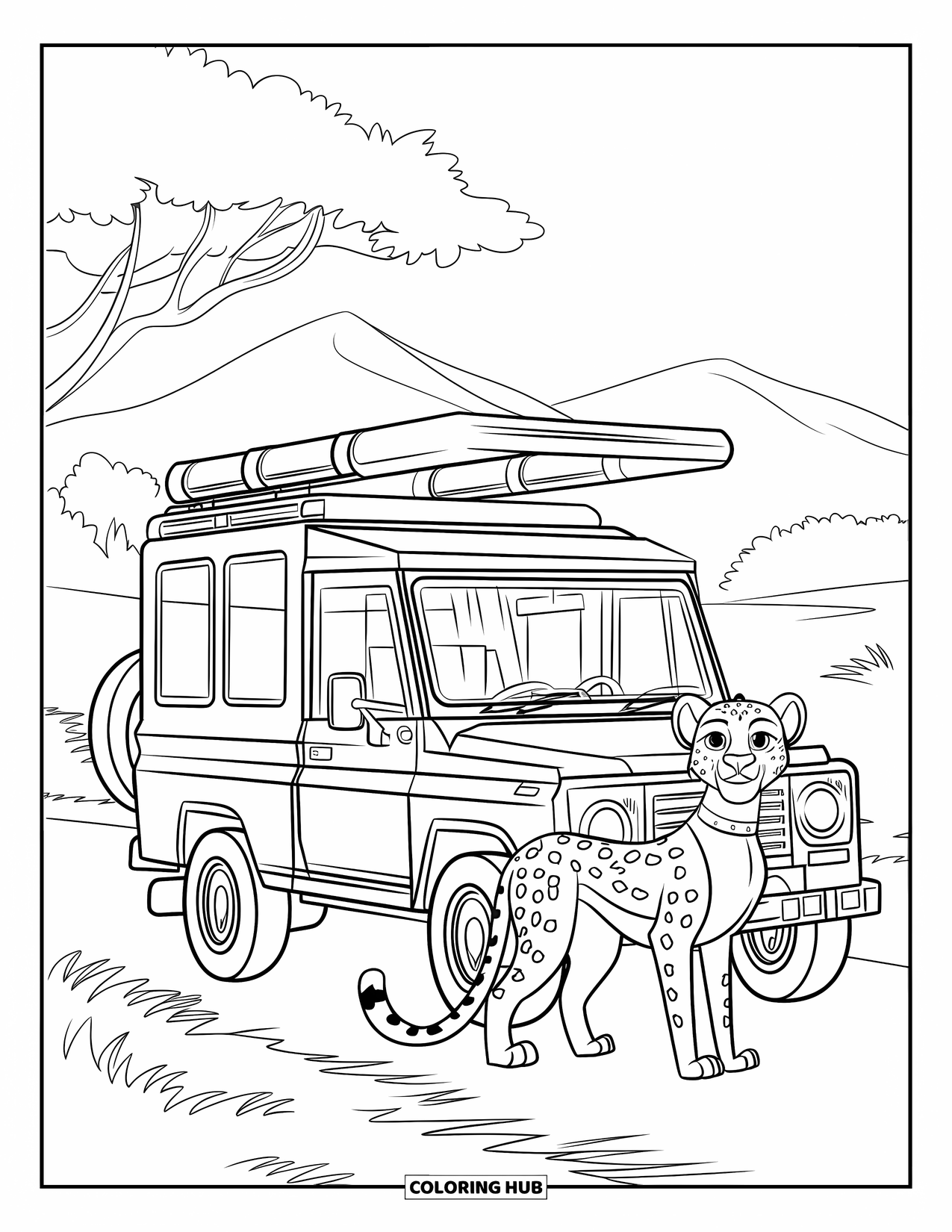 Cheetah Coloring Page for Kids: A leashed cheetah stands by a safari jeep on a dirt road with trees and mountains