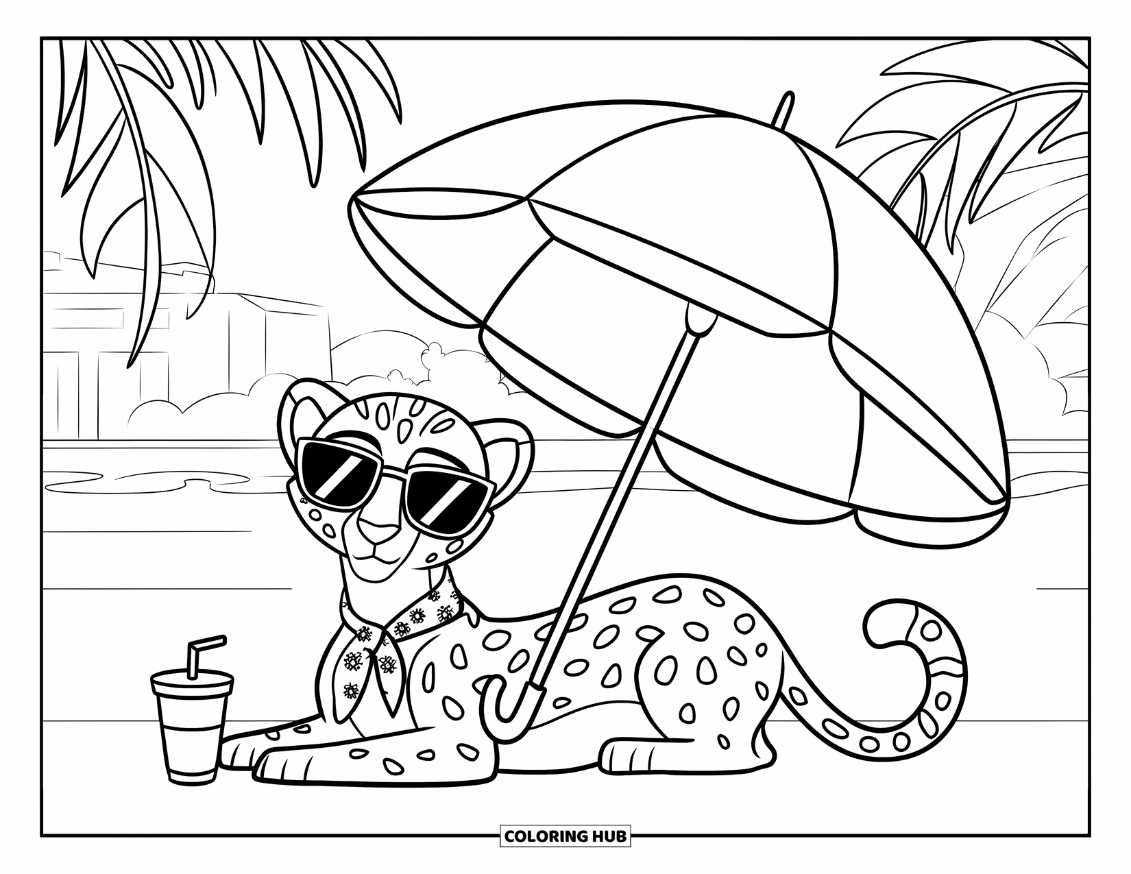 Cheetah Coloring Page for Kids: A lounging cheetah in a scarf and sunglasses relaxes under an umbrella with trees nearby