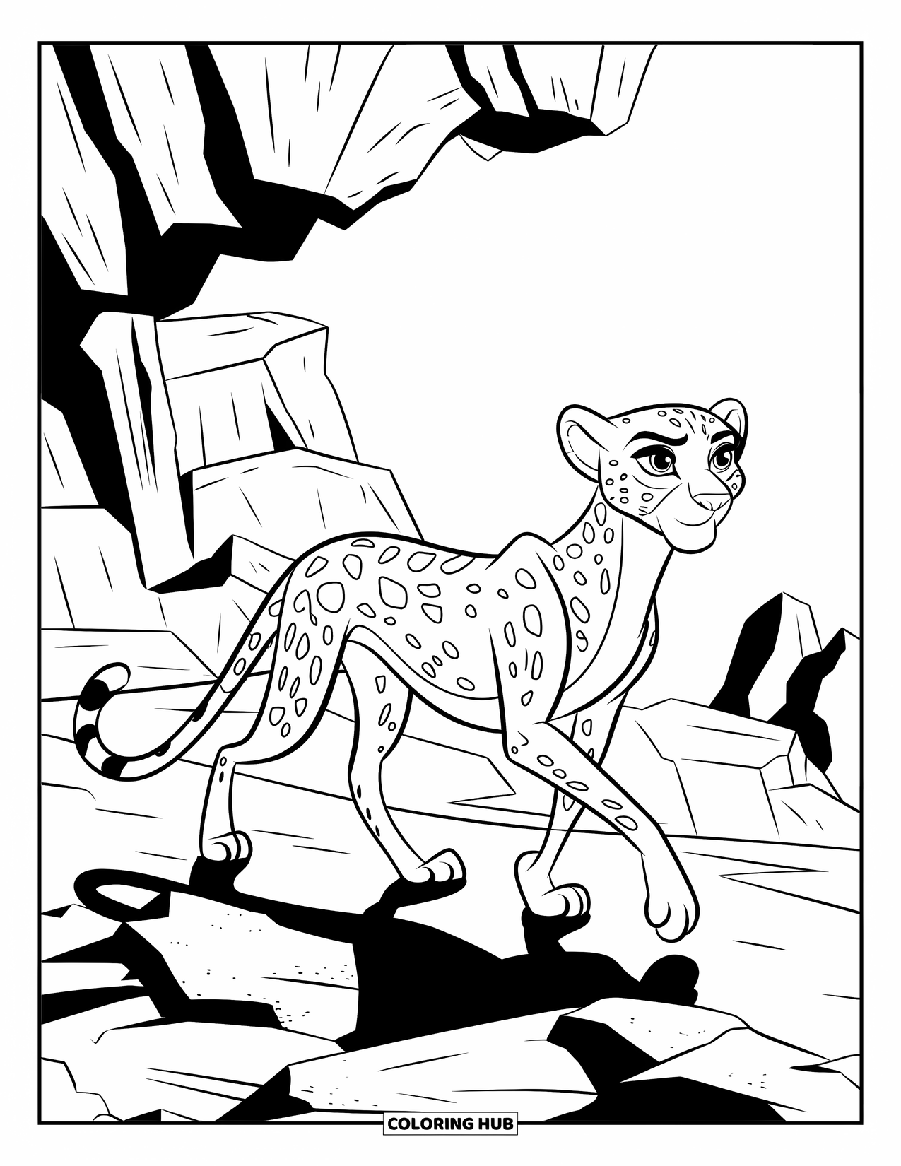 Cheetah Coloring Page for Kids: A muscular cheetah walks a rocky trail with sharp edges and its shadow on the ground