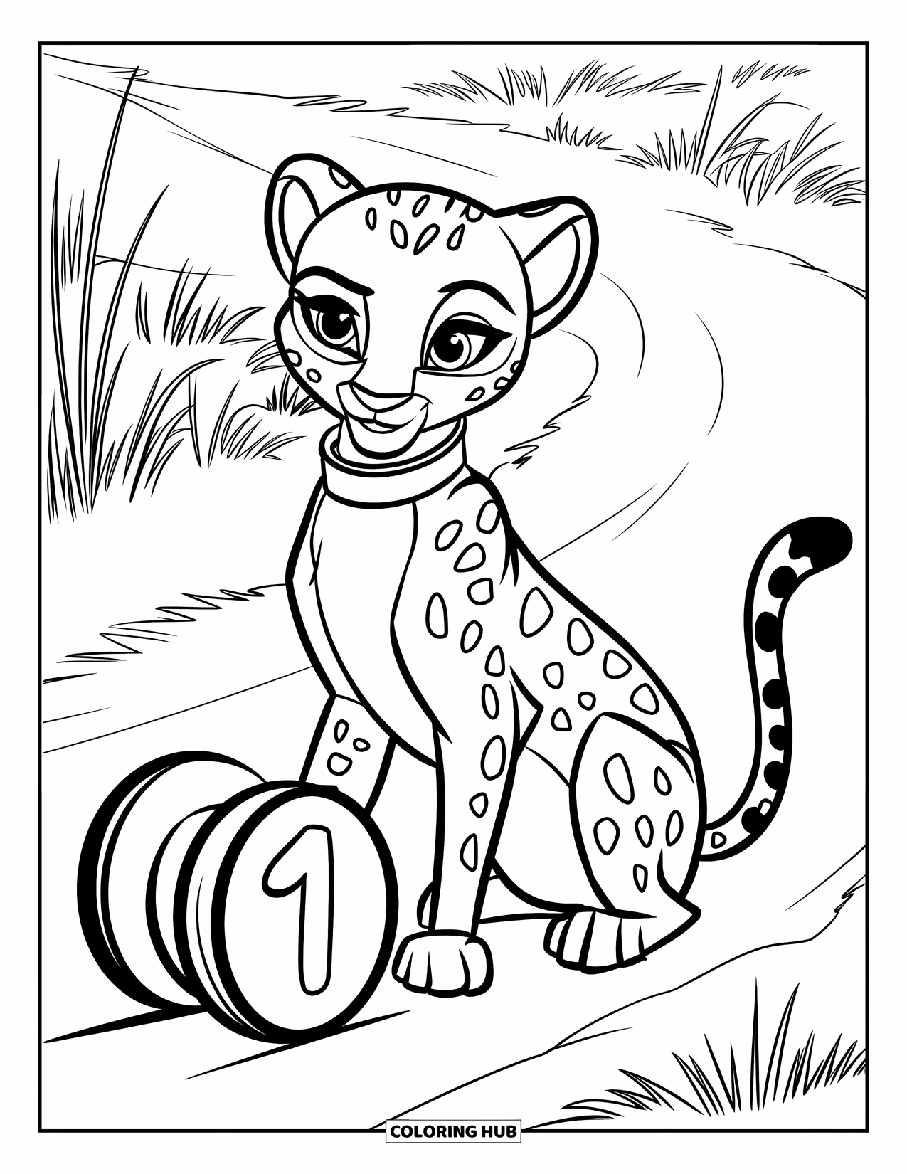 Cheetah Coloring Page for Kids: A playful cheetah cub sits with a rolling wheel marked “1” on a grassy trail