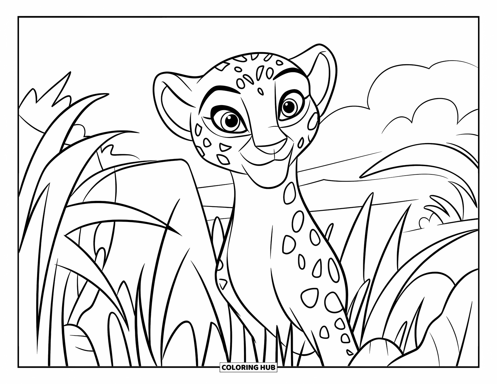 Cheetah Coloring Page for Kids: A playful cheetah peeks out from tall grass in a sunny outdoor setting