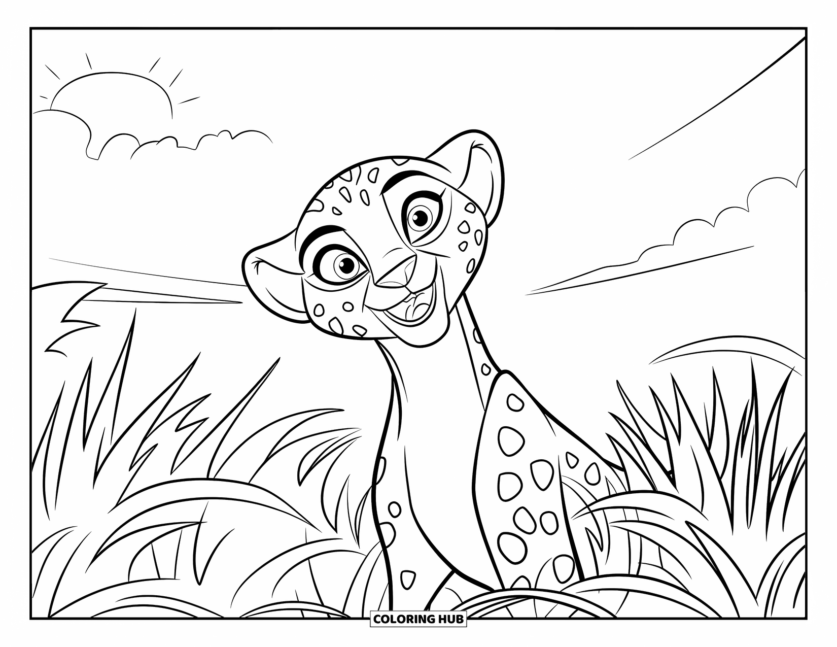 Cheetah Coloring Page for Kids: A playful cheetah peeks out of tall grass with wide eyes on a sunny day