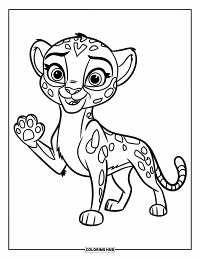 Coloriage de guépard pour enfants : Un guépard espiègle fait un signe de la main sur un fond simple, facile à colorier