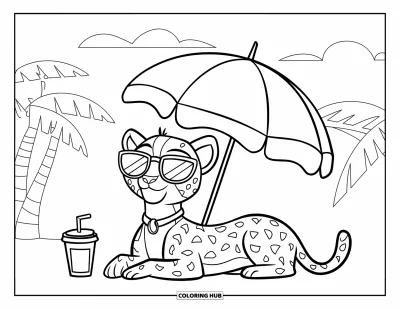 Coloriage Guépard pour enfants : Un guépard détendu portant des lunettes de soleil se repose sous un parasol à côté de palmiers et du ciel