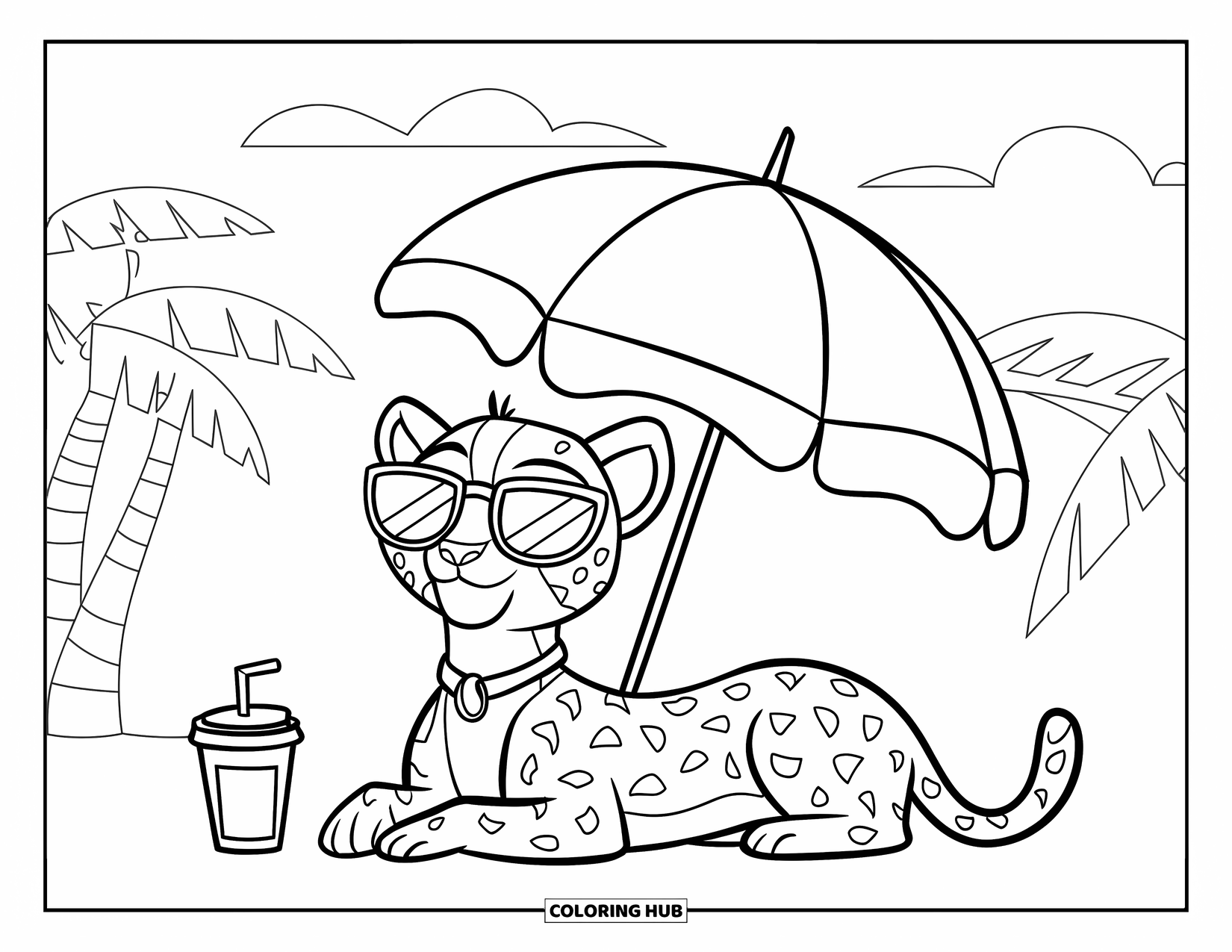 Cheetah Coloring Page for Kids: A relaxed cheetah in sunglasses rests under a sun umbrella beside palm trees and sky