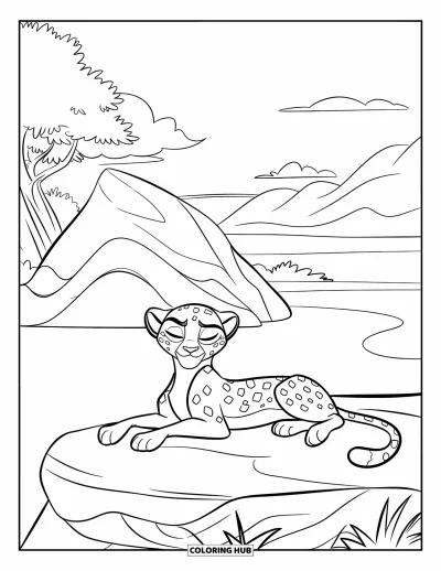 Coloriage Guépard pour enfants : Un guépard au repos est allongé sur un rocher au bord de l’eau, soutenu par des arbres, des montagnes et des nuages