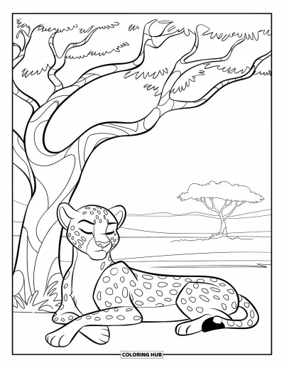 Coloriage Guépard pour enfants : Un guépard au repos est allongé sous des branches épineuses dans une savane ensoleillée avec des arbres au loin
