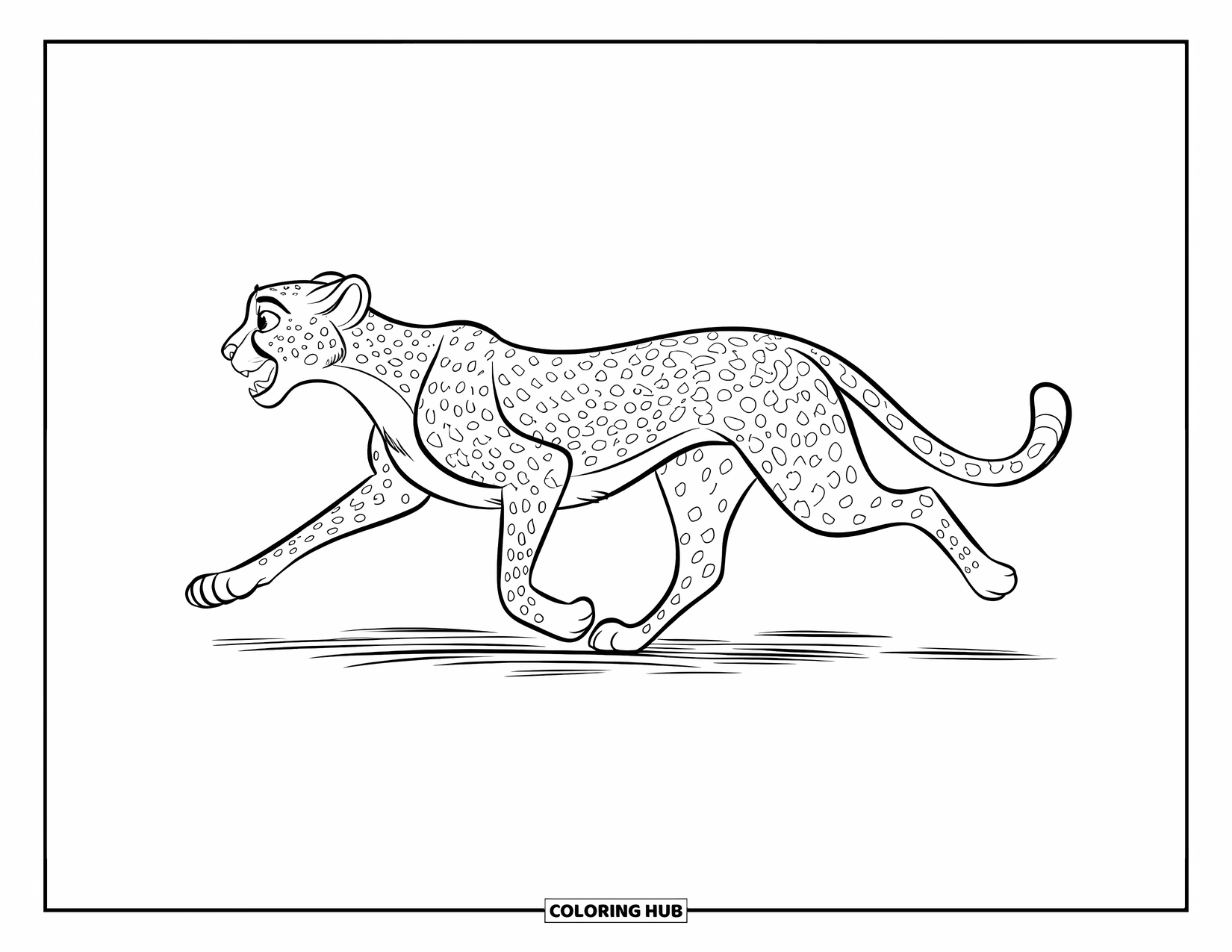 Cheetah Coloring Page for Kids: A running cheetah moves swiftly across flat ground with its mouth open