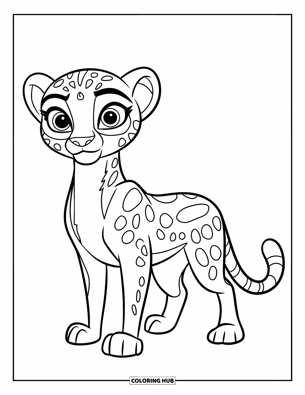 Cheetah Coloring Page for Kids: A simple cheetah stands proudly with its tail curled behind