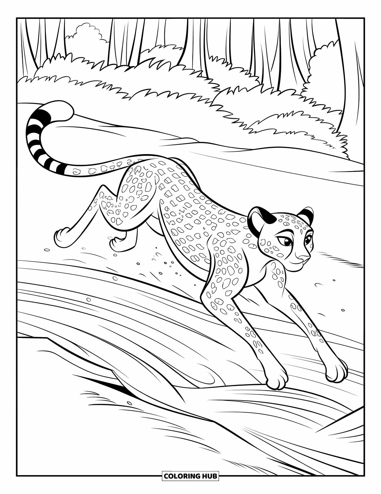 Cheetah Coloring Page for Kids: A sleek cheetah leaps over flowing water, its body stretched above a forest stream