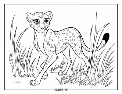 Coloriage Guépard pour enfants : Un guépard élégant marche à travers l’herbe de la savane qui se balance sous un ciel ouvert et paisible