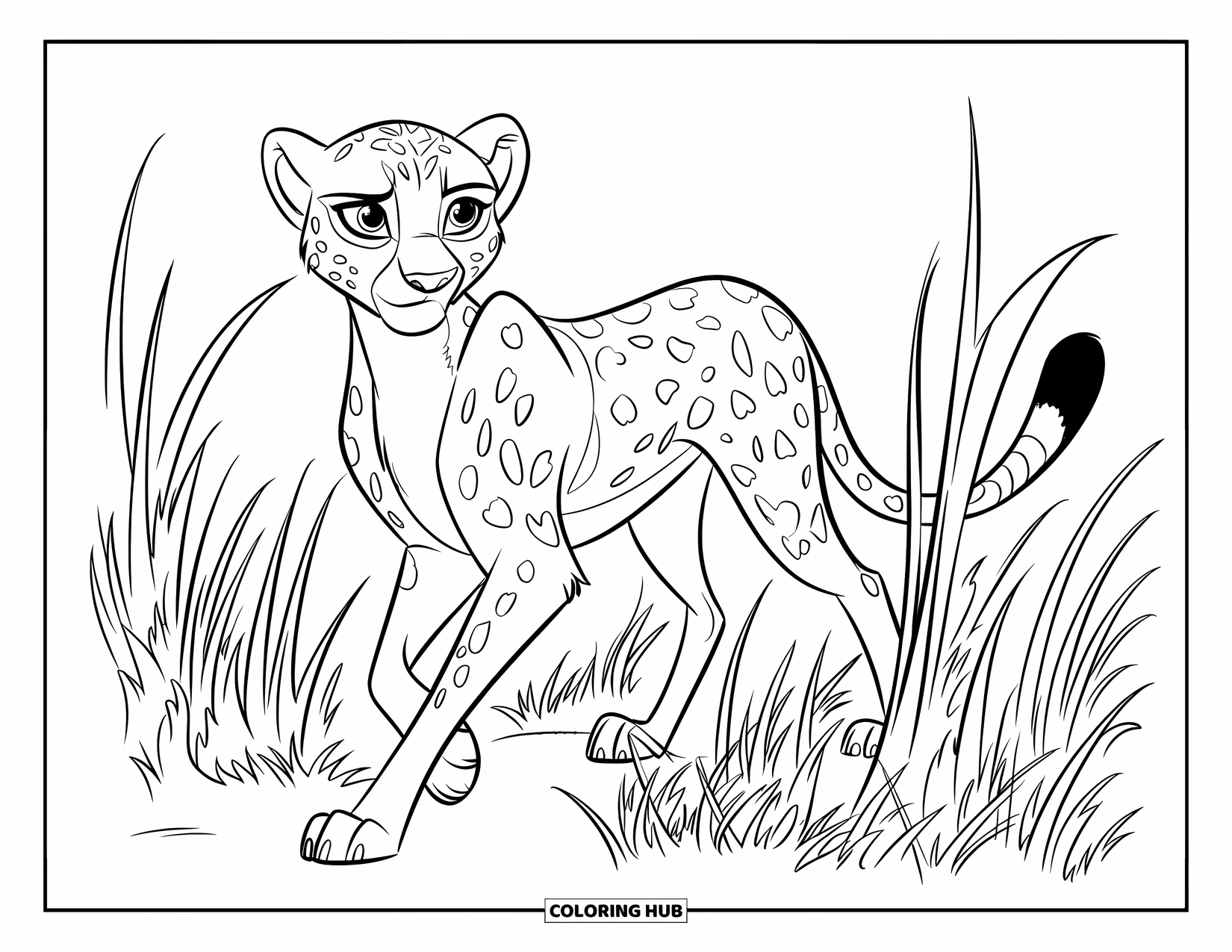 Cheetah Coloring Page for Kids: A sleek cheetah walks through swaying savanna grass under an open, peaceful sky