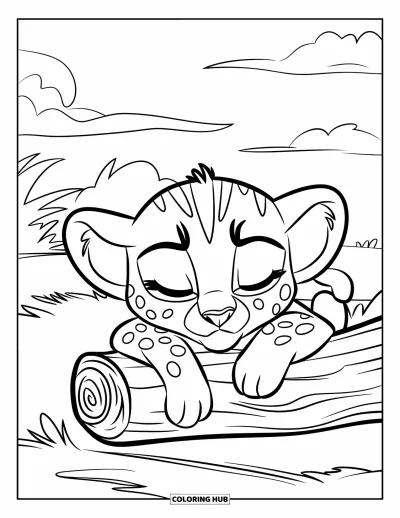 Coloriage Guépard pour enfants : Un bébé guépard endormi se repose sur une bûche sous des nuages duveteux et des arbres feuillus