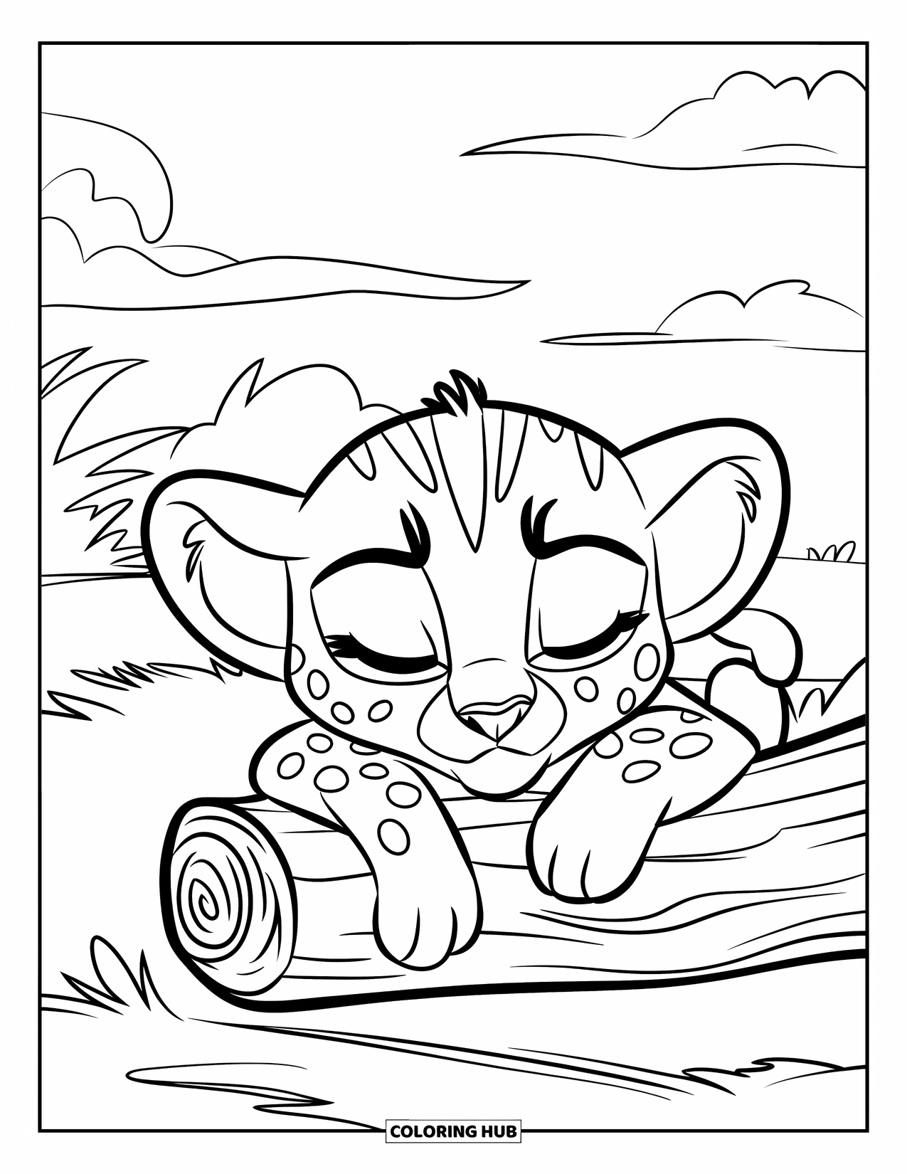 Cheetah Coloring Page for Kids: A sleepy cheetah cub rests on a log under fluffy clouds and leafy trees