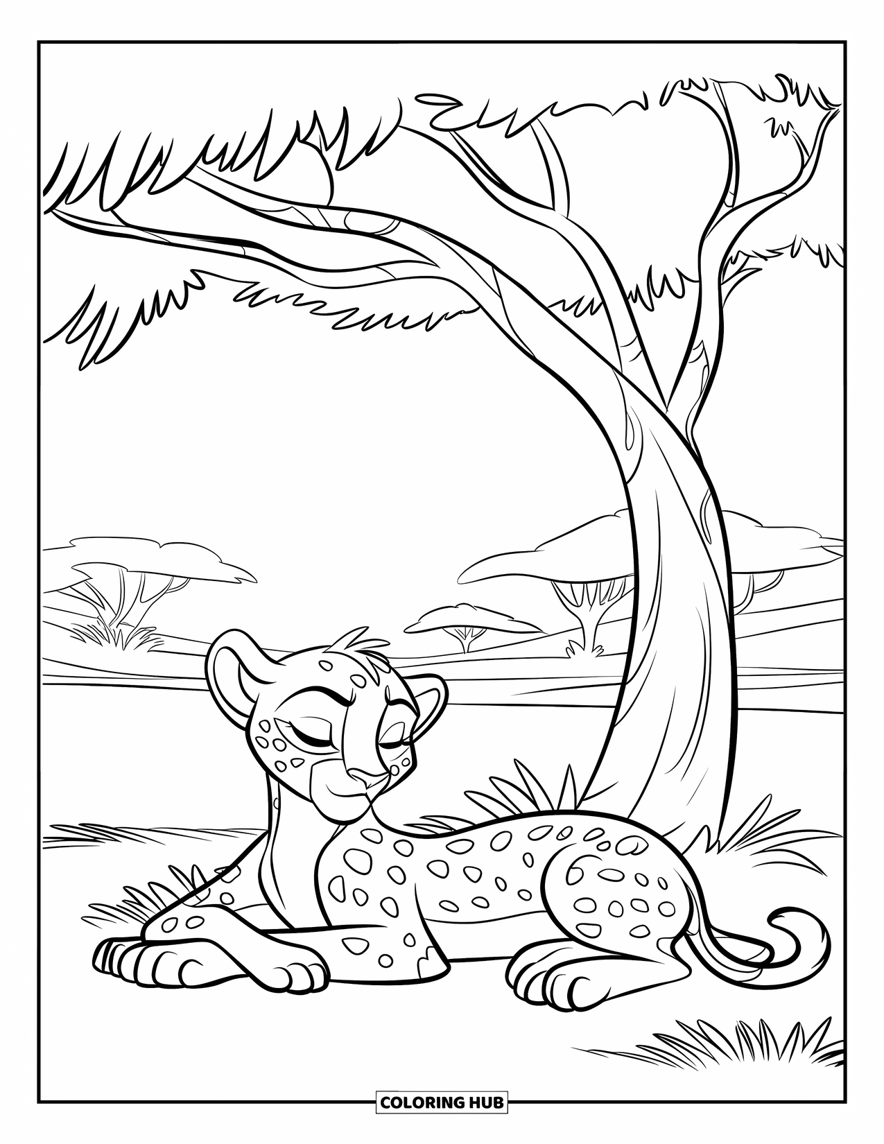 Cheetah Coloring Page for Kids: A sleepy cheetah rests in the grass under a tree on a vast savannah