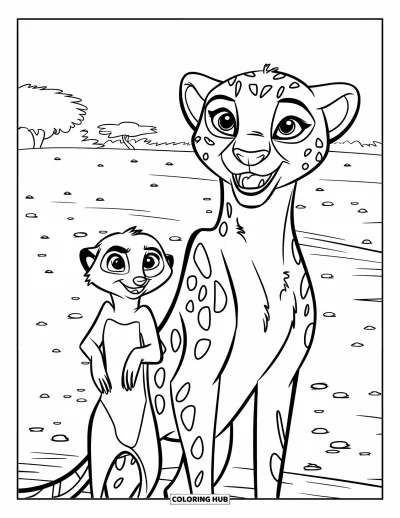 Coloriage Guépard pour enfants : Un guépard souriant et un suricate se tiennent ensemble dans un champ avec des arbres dispersés et de petits objets