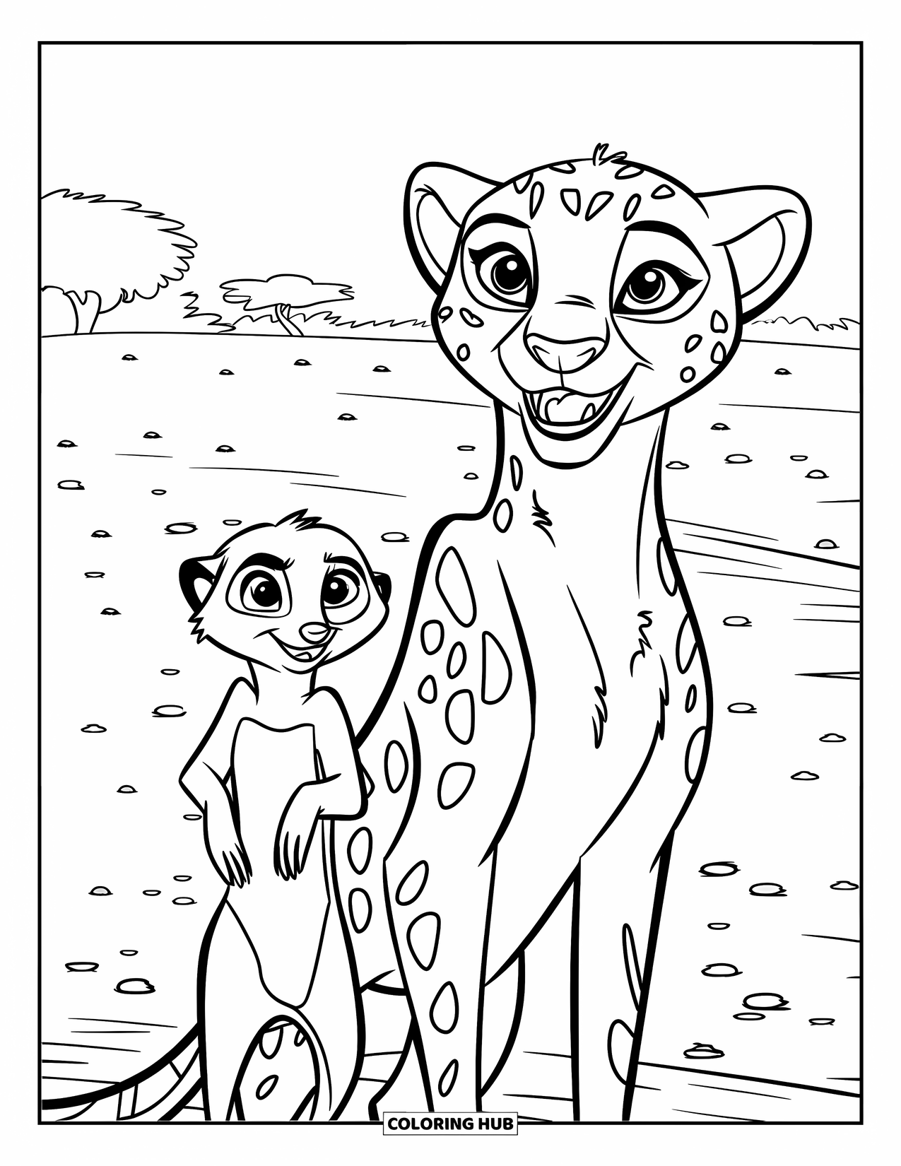 Cheetah Coloring Page for Kids: A smiling cheetah and meerkat stand together in a field with scattered trees and small objects