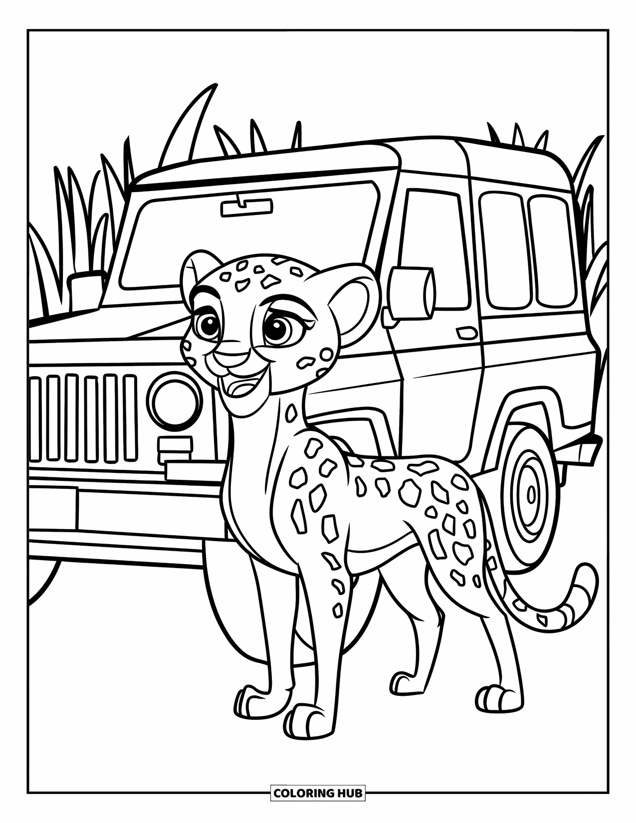 Cheetah Coloring Page for Kids: A smiling cheetah stands by a parked safari jeep in tall grass