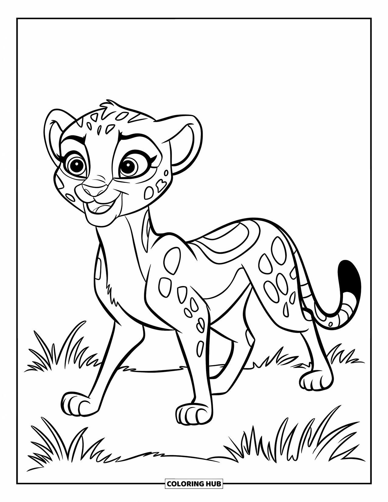 Cheetah Coloring Page for Kids: A smiling cheetah walks slowly in short grass under a bright, sunny sky
