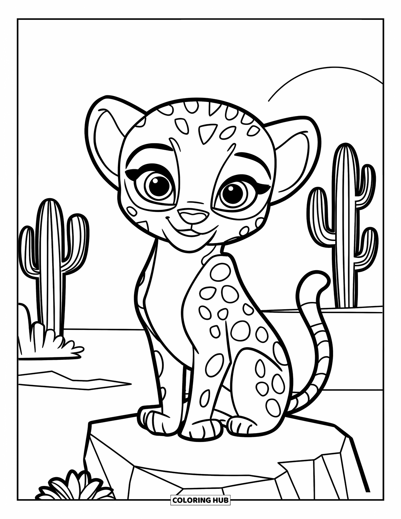 Cheetah Coloring Page for Kids: A smiling cub rests on desert rock with cacti and a setting sun nearby