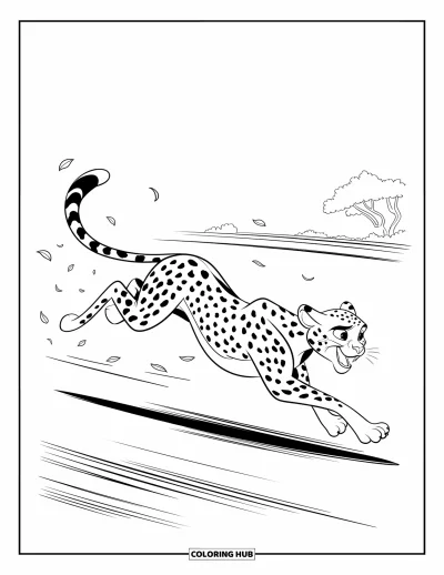 Coloriage Guépard pour enfants : Un guépard sprintant court vers l’avant avec des lignes de vent et des feuilles tourbillonnant derrière
