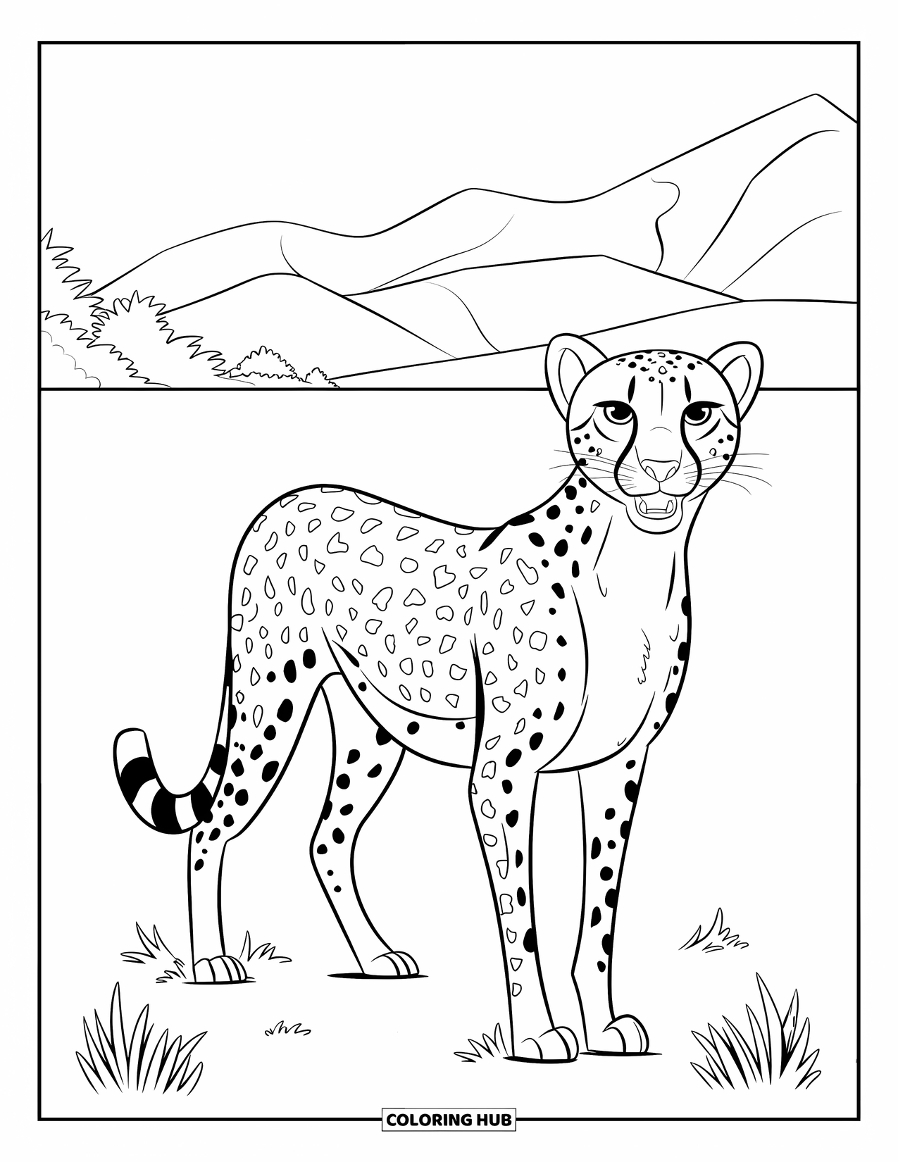Cheetah Coloring Page for Kids: A standing cheetah looks ahead with wide eyes, mountains rising in the distance