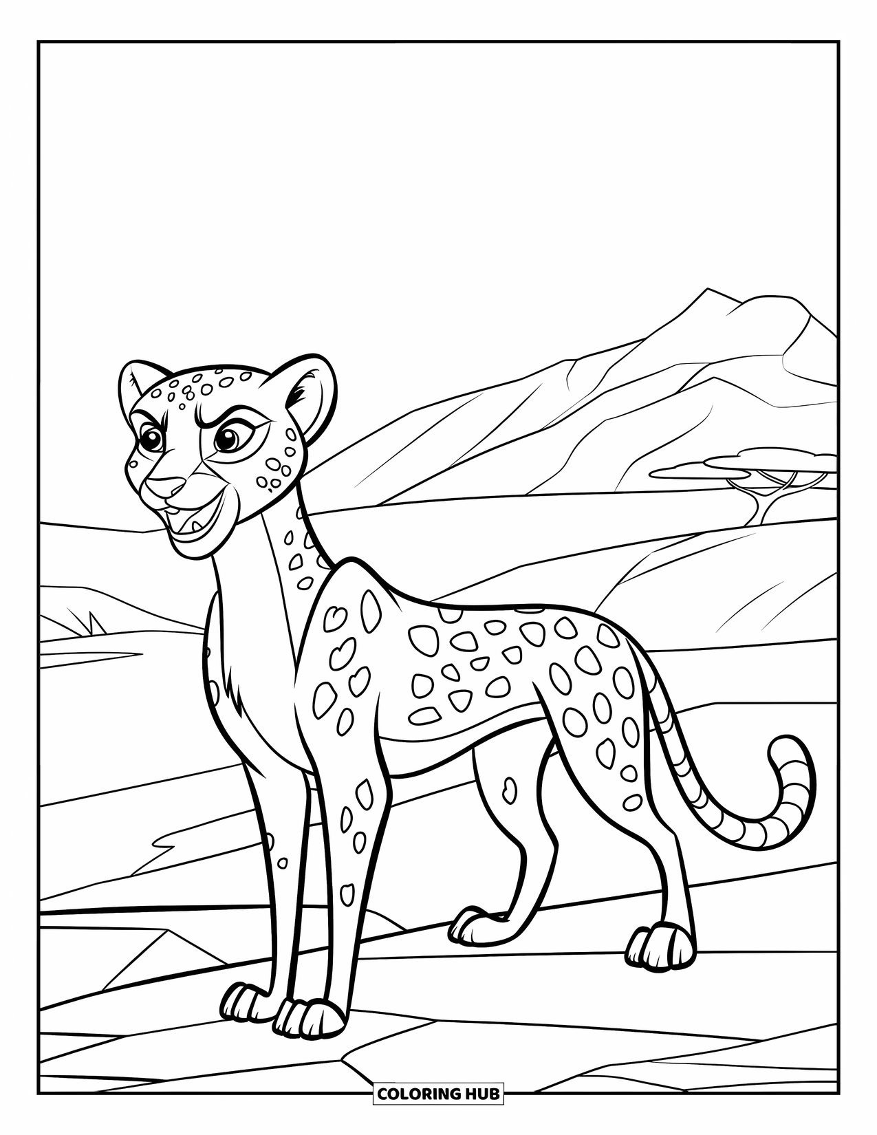 Cheetah Coloring Page for Kids: A standing cheetah shows its teeth while overlooking mountains and rocky ground