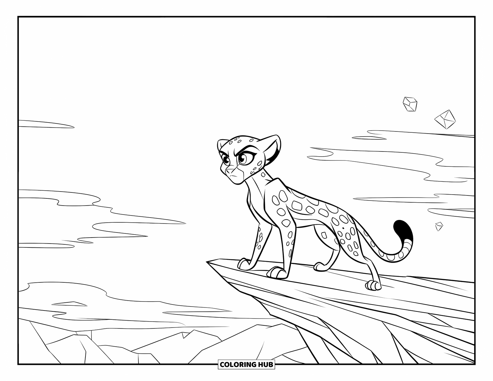 Cheetah Coloring Page for Kids: A wide-eyed cheetah stands on a ledge under a cloudy sky with floating shapes nearby