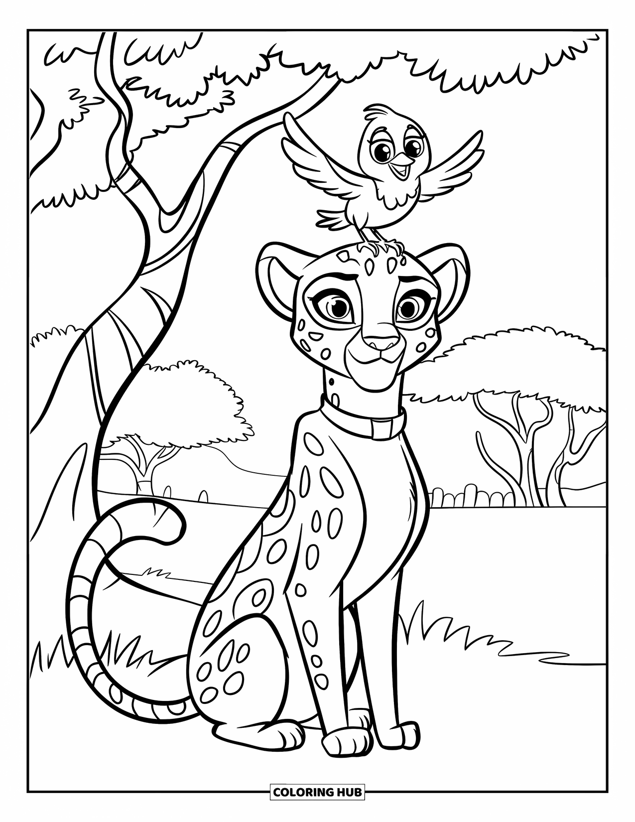 Cheetah Coloring Page for Kids: A wide-eyed cheetah with a collar sits under a tree with a bird perched on its head