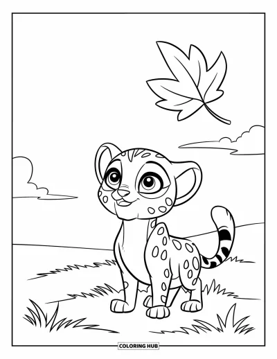 Coloriage Guépard pour enfants : Un bébé aux yeux écarquillés est assis dans l’herbe en regardant une feuille dériver sous un ciel lumineux