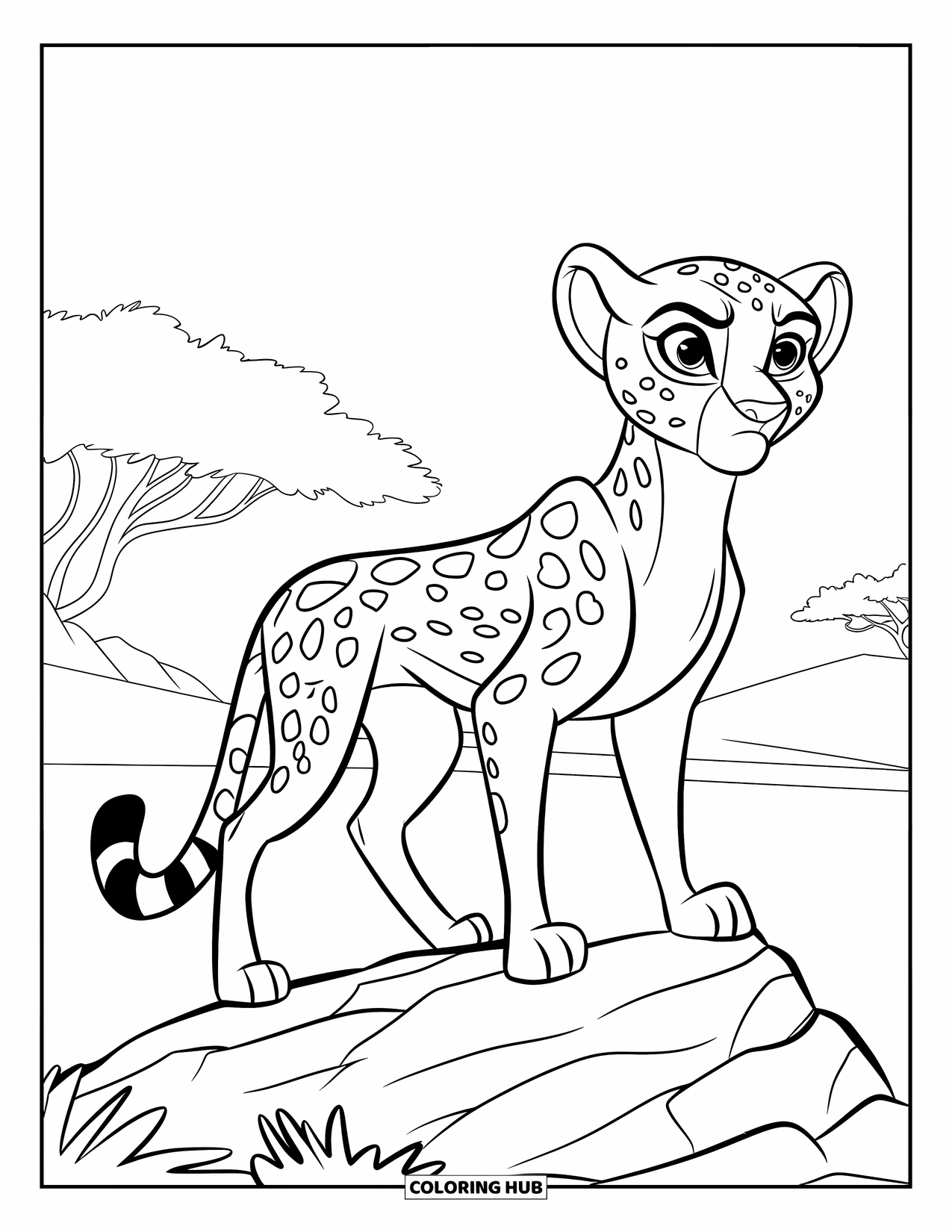 Cheetah Coloring Page for Kids: An alert cheetah stands on a rock with ears forward and trees in the distance