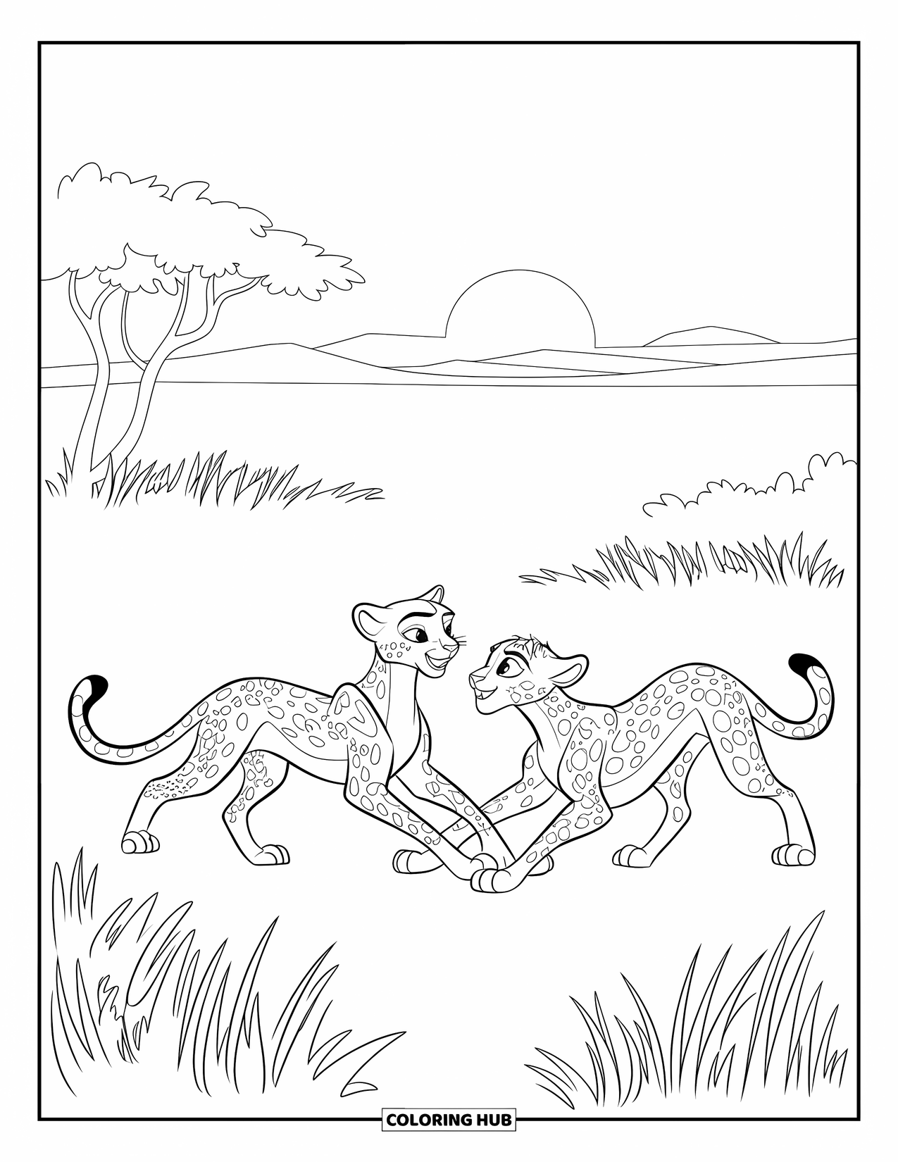 Cheetah Coloring Page for Kids: Playful cheetahs wrestle in tall grass under a clear sky with a setting sun