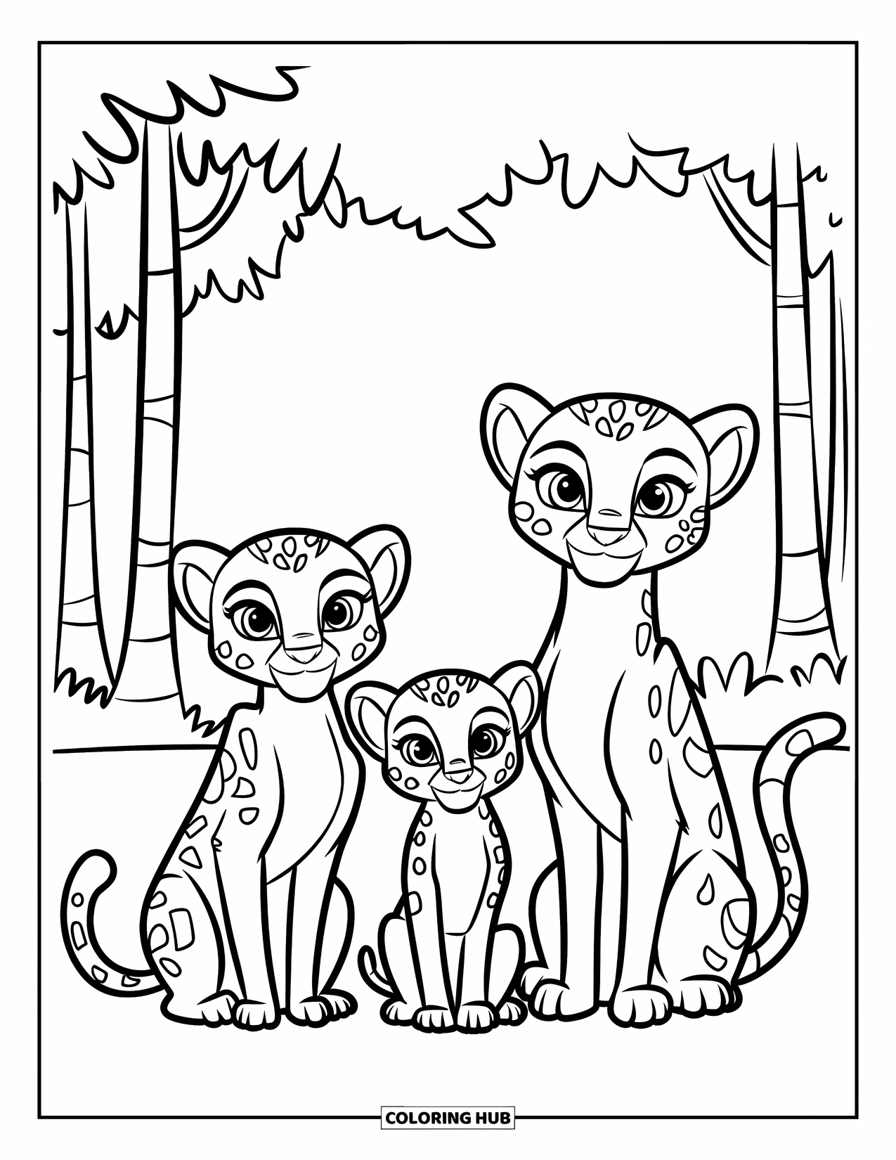 Cheetah Coloring Page for Kids: Three cheetahs sit peacefully under tall jungle trees with soft light filtering through